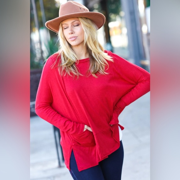 Going My Way Red Hacci Dolman Pocketed Sweater Top - Picture 5 of 6